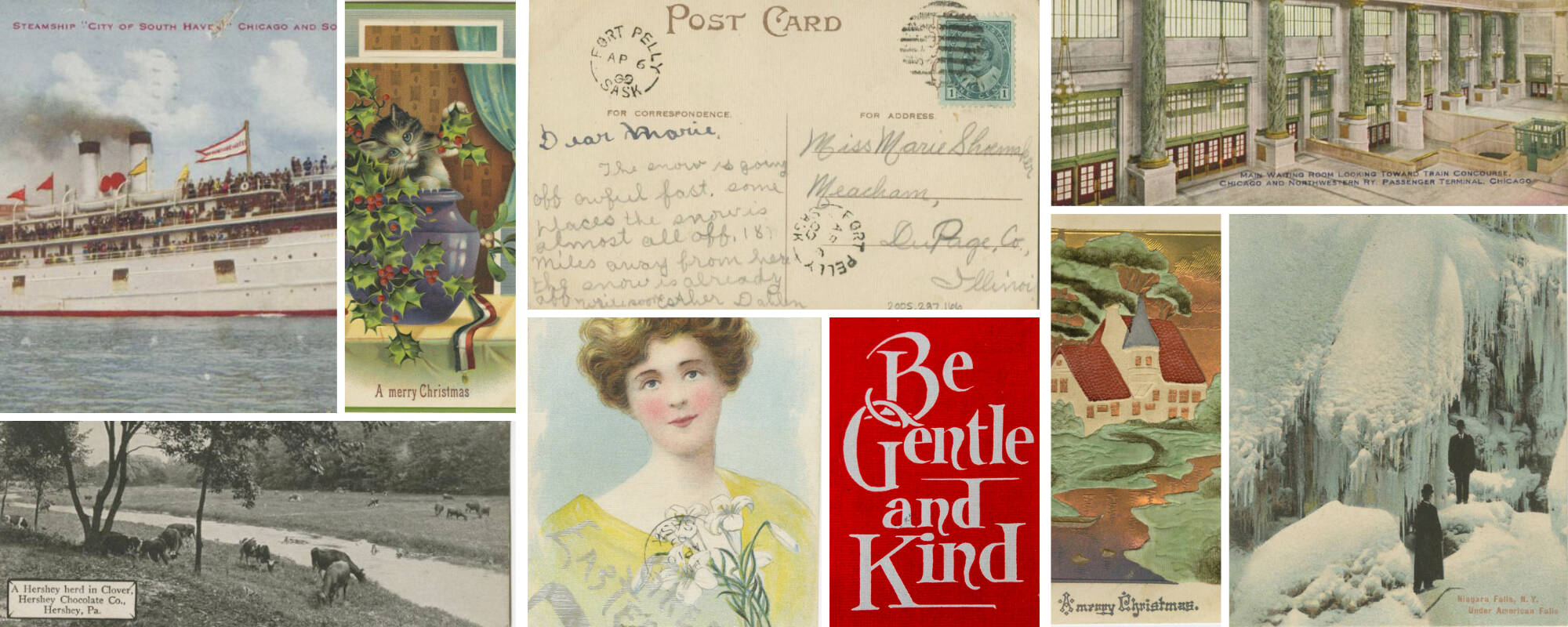 Collage of nine different images from the GVSU Art Museum Collection that showcase the Lyle Rouse Vintage Postcard Collection.